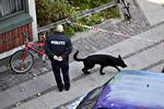 Overfald. Politiet leder efter spor på gerningsstedet på Vesterbro, hvor en 24-årig mand i dag blev stukket ned med kniv. 