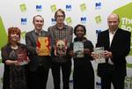 Booker. And the nominees are ... Fem af de seks kandidater på shortlisten til årets Bookerpris ses her på billedet. Fra venstre Carol Birch, Stephen Kelman, Patrick deWitt, Esi Edugyan og A.D. Miller. Favoritten Julian Barnes er ikke med på billedet. 