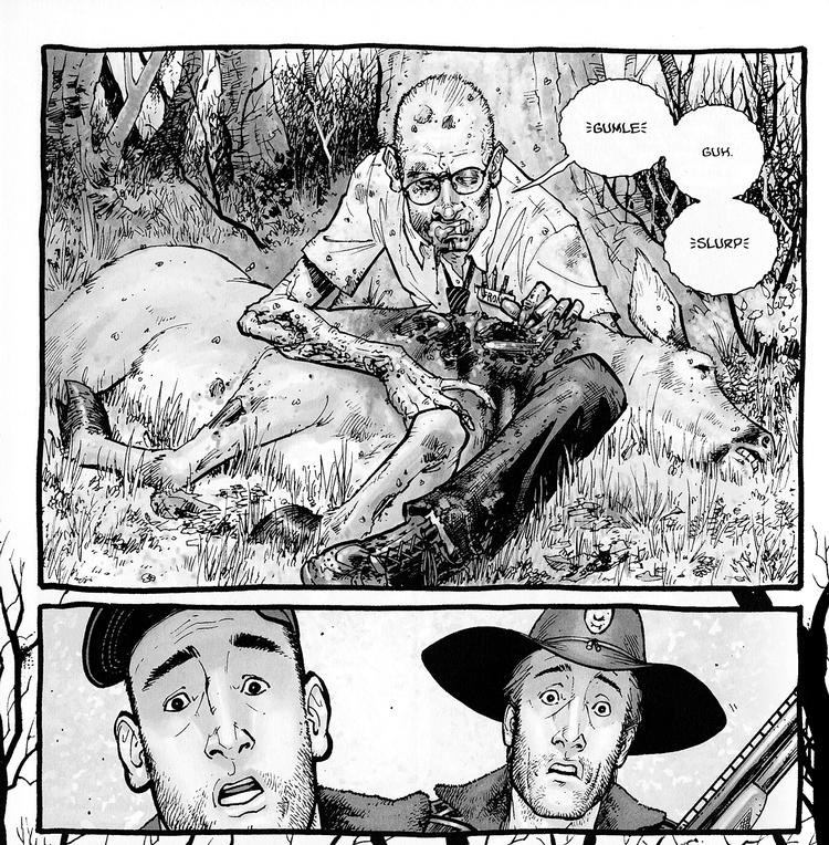 Makabert. I Robert Kirkmans  tegneserie æder zombierne hvad som helst - inklusive denne stakkels hest.  Tegning fra bogen. 