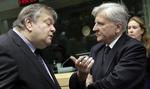 Tab. Den græske finansminister Evangelos Venizelosil venstre taler med Præsidenten for den Europæiske Centralbank Jean-Claude Trichet under et finans- og økonomiministermøde i Bruxelles. 