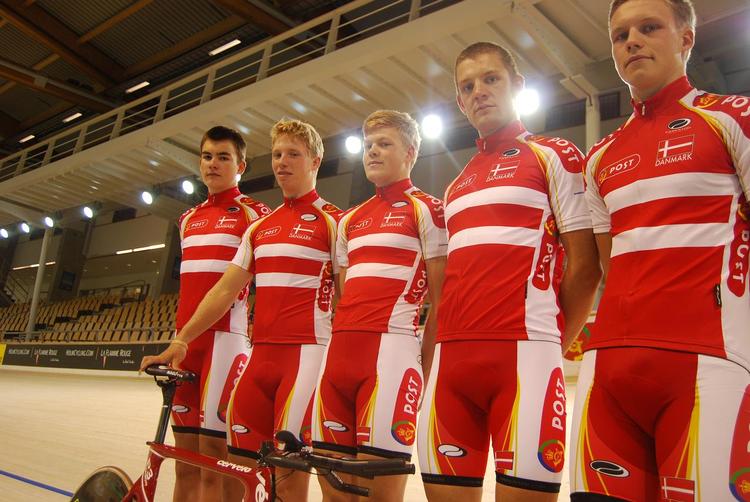 Det nye landshold i banecykling. Fra venstre: Casper Folsach, Niki Byrgesen, Lasse Norman Hansen, Rasmus Quaade og Christian Ranneries. 