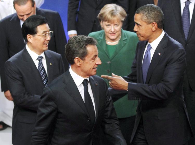 Topmøde. Et par af hovedrollerne i Cannes indtages af USA's præsident, Barack Obama, som her står sammen med Angela Merkel, Hu Jintao og Nicolas Sarkozy. 
