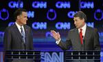 De republikanske præsidentkandidater, guvernøren for Texas, Rick Perry (t.h.) og den tidligere guvernør for Massachusetts Mitt Romney mødtes i går til en debat, der kan blive fatal for Perrys præsidentdrømme. 