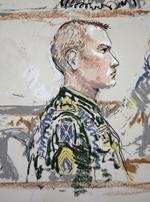 Sergent Calvin Gibbs tegnet under retssagen på Lewis-McCord-basen. Illustration: AP. 