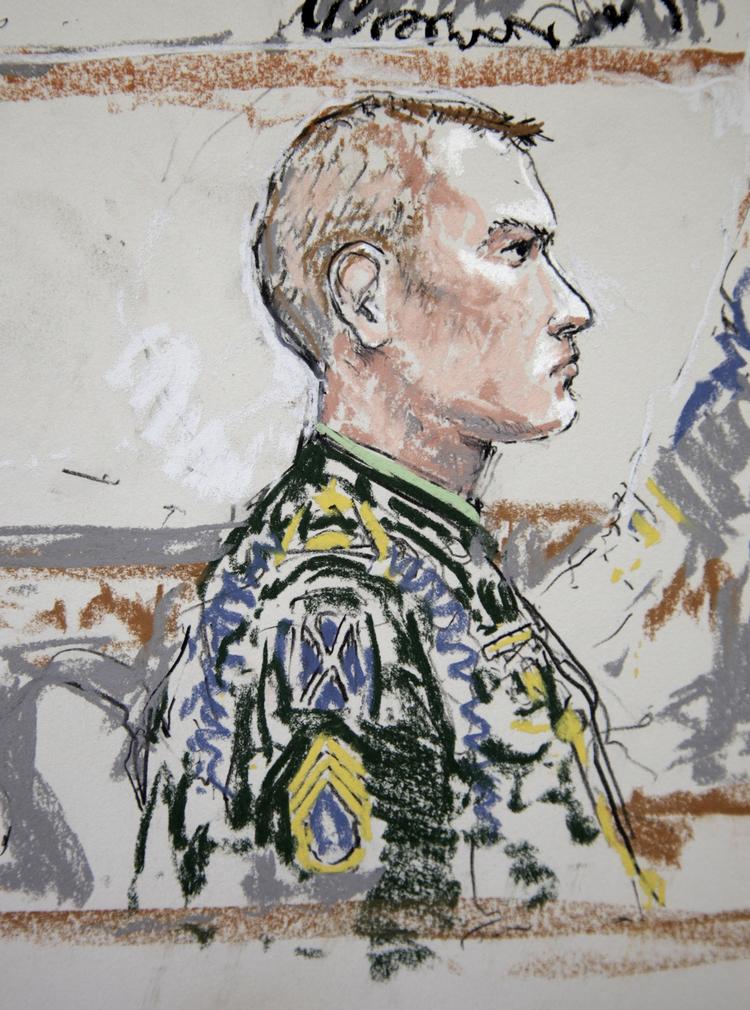 Sergent Calvin Gibbs tegnet under retssagen på Lewis-McCord-basen. Illustration: AP. 