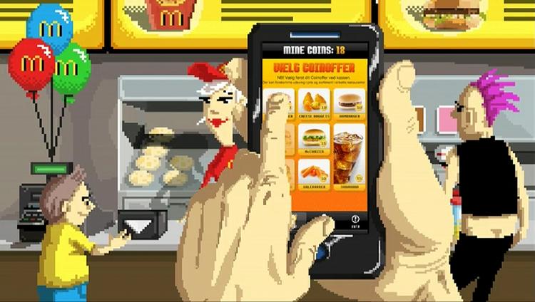 McDonalds nye app er holdt i en stil som et retro-80´er spil, hvor målet er at samle nok virtuelle en-kroner, der kan indløses til burgere, sodavand eller gulerødder. 