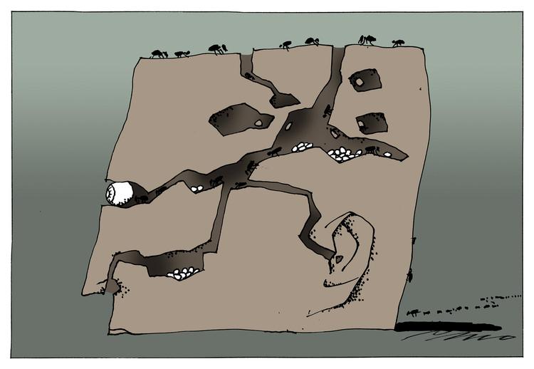 Datamining. Vores privatliv bliver besøgt af højst specialiserede  data-'minearbejdere', der graver sig  dybere og dybere ind for at skaffe  guldet: præcise personlige informationer, som kan systematiseres og bruges til målrettet markedsføring.  Tegning: Per Marquard Otzen 