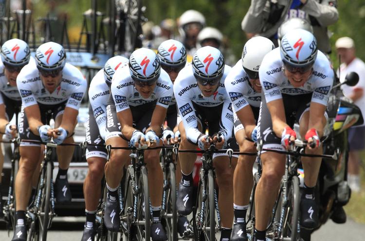 sponsorat. Team Saxo Bank Sungard under holdtidskørslen i Tour de France. 