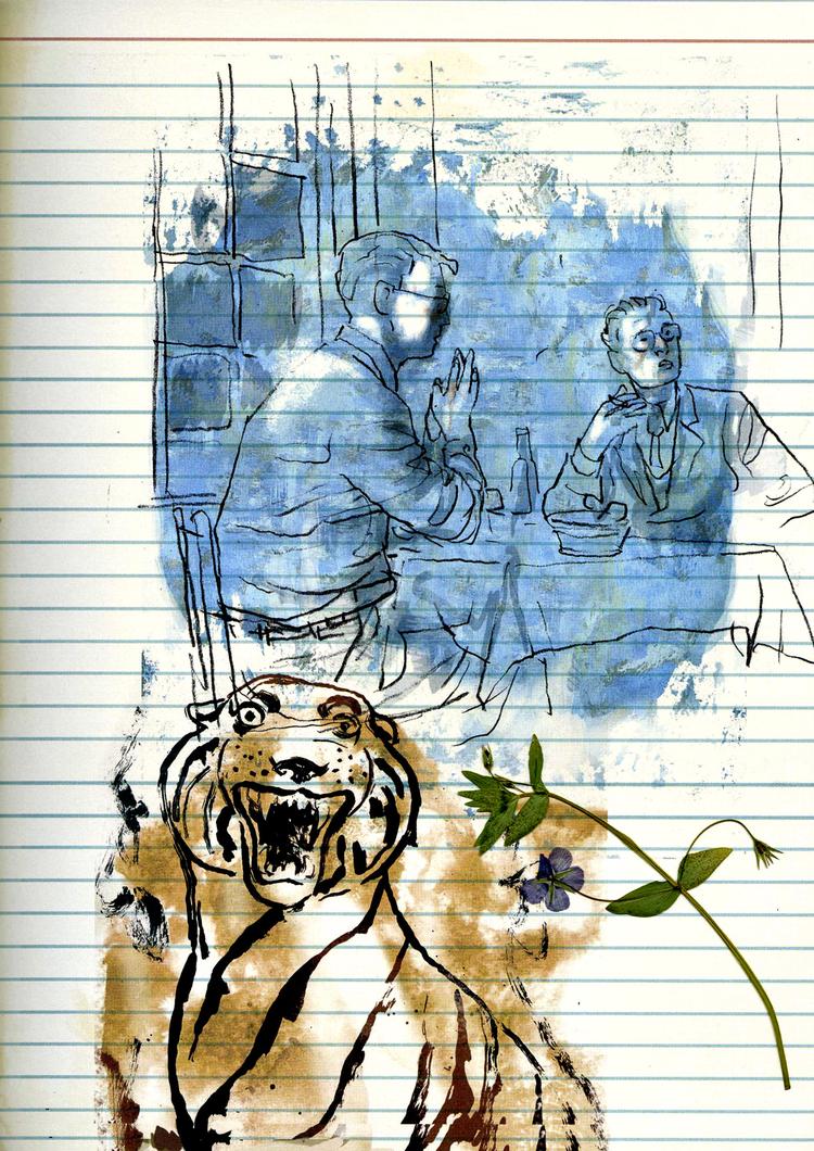 Blomst. Tørret og presset ligger blomsten mellem bogens sider, som konkretisering af den botaniske samlerflid, en af fortællingens hovedpersoner udfolder. 