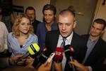 Social Democratic Finance Minister Bjarne Corydon flanked by the Red Green Party's Johanne Schmidt-Nielsen. 