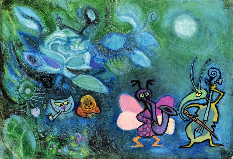 Musekterne. Flemming Quist Møller opfandt dem  i 1960'erne, men musekterne på billedbogstegningen fik aldrig deres egen historie. Den piberygende kat  i baggrunden er tegnerens alter ego, mens drengen er sønnen Carl. 