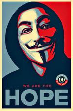 Plakatkunst. Den ikoniske Guy Fawkes-maske er blevet et symbol for bevægelsen Occupy Wall Street. Illustration: Shepard Fairey 