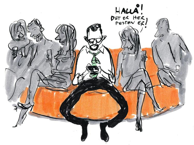 Individualisering. FOMO eller 'Fear of Missing Out' er en ny frygt, som forskere og kommentatorer er begyndt at fokusere på. Tegning: Mette Dreyer 