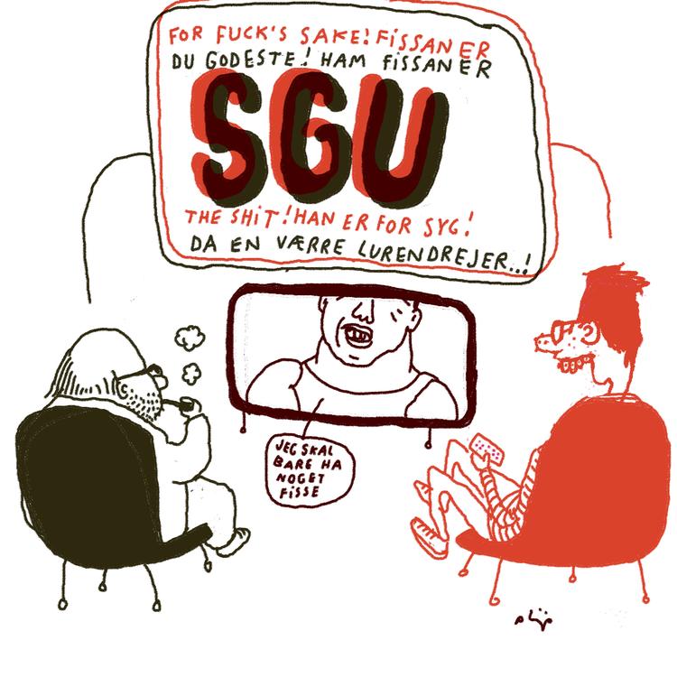 Da bogen 'Grammatik over det Danske Sprog' udkom i 2011, fyldte budskabet »'Sgu' er ikke længere et bandeord« i mediebilledet. Tegningen er fra samme år, hvor det efterfølgende blev diskuteret, om 'sgu' nu alligevel var stuerent. Tegning: Philip Ytournel 