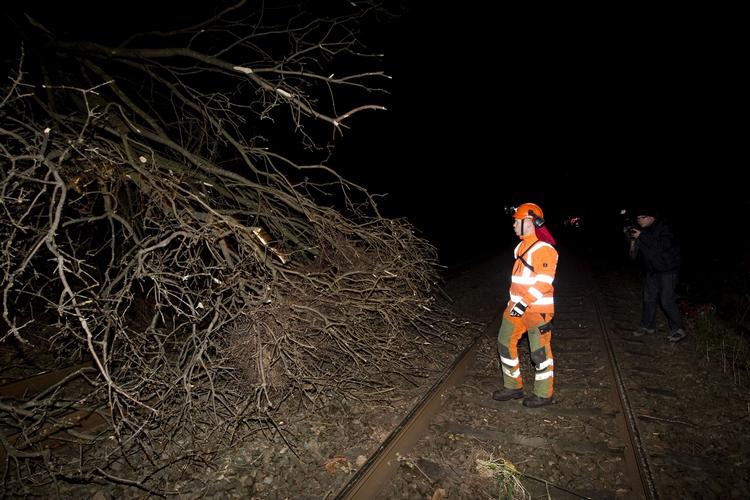 Storm. S-tog var uden strøm på grund af et væltet træ. Passagererne blev først  evakueret efter to en halv time i toget. 