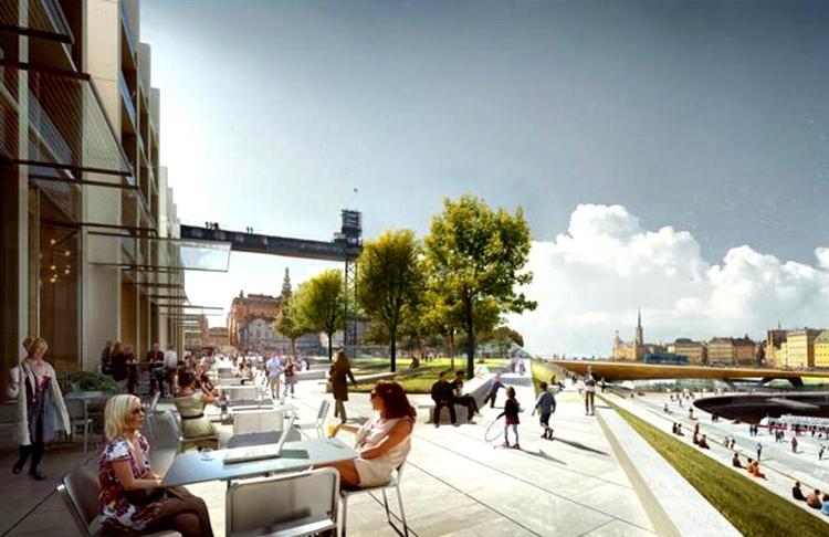 Knudepunkt. Slussen er  netværket af veje, der forbinder bydelen Södermalm og Gamla stan. Det nederste billede viser udsigten mod Gamla stan, som den ser ud i dag, mens det øverste viser Foster og Berg Arkitekters vision for området. 