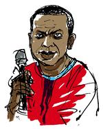 Stjerne. Youssou N'Dour er det bedste bud på en superstjerne fra den tredje verden. Ved siden af en succesfuld international musikkarriere ejer han Senegals største mediekoncern.  Tegning: Mette Dreyer 