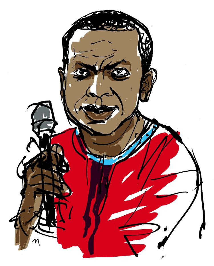 Stjerne. Youssou N'Dour er det bedste bud på en superstjerne fra den tredje verden. Ved siden af en succesfuld international musikkarriere ejer han Senegals største mediekoncern.  Tegning: Mette Dreyer 