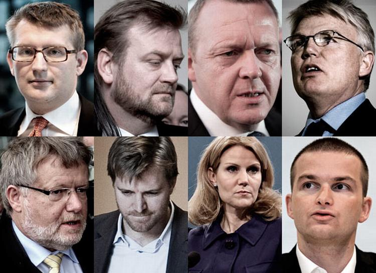 Oversigt. De otte mest centrale personer i sagen. Øverste fra venstre: Troels Lund Poulsen, Peter Arnfeldt, Lars Løkke Rasmussen og Peter Loft. Nederst fra venstre: Erling Andersen, Mikael Børsting, Helle Thorning-Schmidt og Thor Möger Pedersen. Collage: Kaspar Busch. 