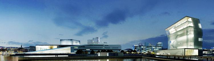 Glashus. Den spanske arkitekt Juan Herreros har tegnet dette glasmuseum (bygningen til højre), 'Lambda', der efter planen skulle rumme Edvard Munchs kunst. Men i Oslo strides man om både byggeri og placering. Illustration: Artefactorylab Herreros Arquitectos 