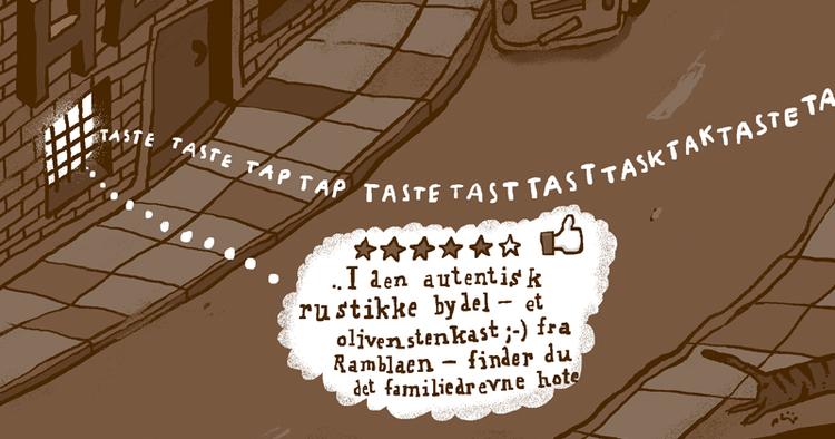 OMTALE. Gæster på hoteller eller restauranter bliver lokket med rabatter og belønninger, hvis de skriver en positiv omtale af stedet. Tegning: Phillip Ytournel 