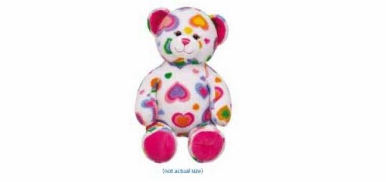 Farlig. Den populære Colurful Hearts Teddy fra Build-A-Bear skal straks returneres på grund af sine løse øjne, der kan falde ud. (foto: Build-A-Bear) 