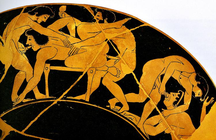 Drikkeskål. Attisk rødfiguret maleri på en drikkeskåls yderside, fra ca. 500 f.v.t. Motivet giver sig selv. 