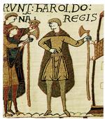 ophængt.  Harald, søn af  Godwin og kong  Edwards svoger,  tilbydes her  Englands krone.  Samme år faldt han i slaget ved Hastings.  Illustration fra bogen. 