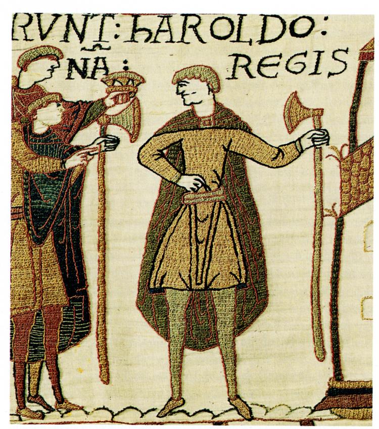ophængt.  Harald, søn af  Godwin og kong  Edwards svoger,  tilbydes her  Englands krone.  Samme år faldt han i slaget ved Hastings.  Illustration fra bogen. 