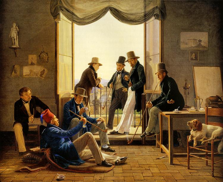 Vennerne i Rom. I 1838-39 foretog Martin Hammerich den obligatoriske dannelsesrejse, der også førte ham til Rom. Her er det et samtidigt portræt af danske kunstnere, der også opholdt sig blandt romerne. Fra venstre: Constantin Hansen, M.G. Bindesbøll, Martinus Rørbye, Wilhelm Marstrand, Albert Küchler, Ditlev Blunck og Jørgen Sonne. Malet 1837 af Constantin Hansen. 