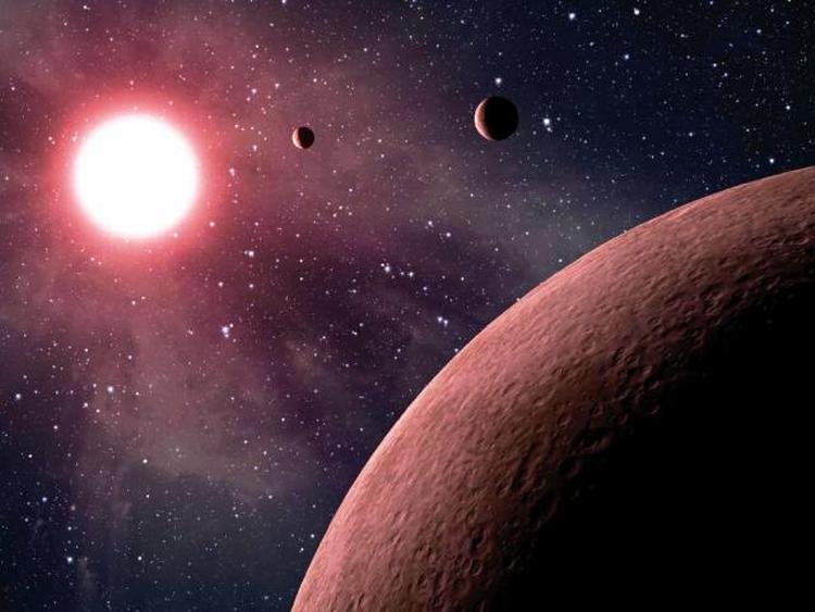 PLANETFUND. De tre småplaneter som de kan se ud ved Koi-961-stjernen. 