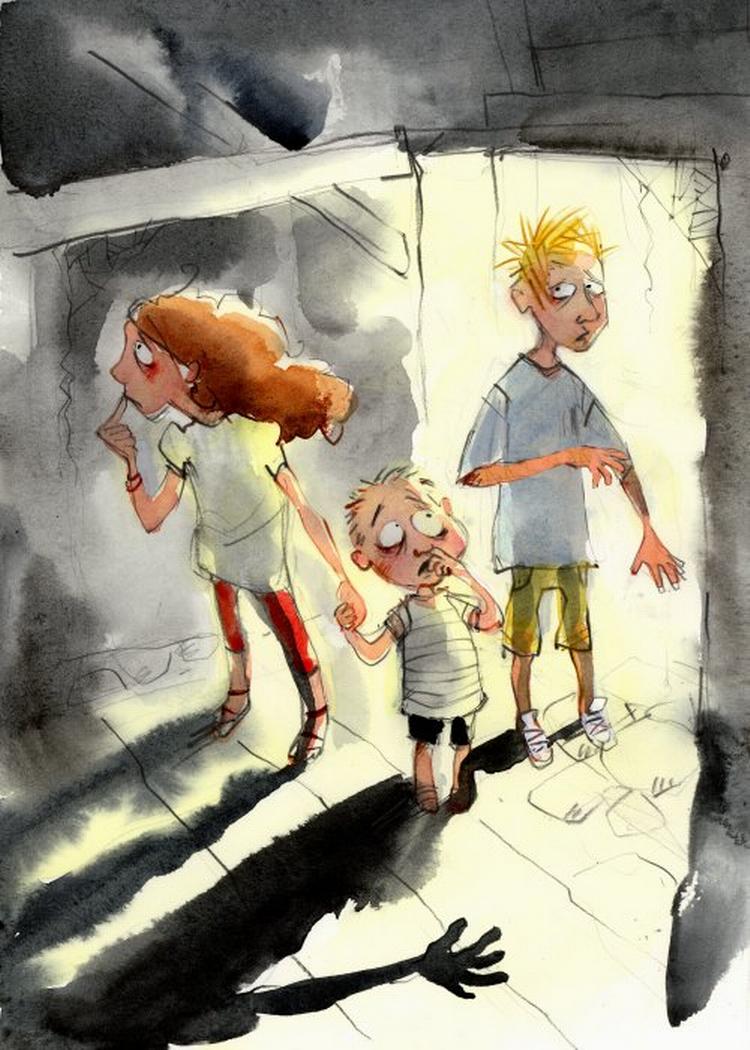 Pernille Lykkegaards krøllede og livlige illustrationer passer godt til ordene i 'Hemmeligheden'. Illustration fra bogen 