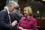Denmark's Foreign Minister Villy Søvndal speaks with Croatian Foreign Minister Vesna Pusnic during a meeting of EU foreign ministers on Monday in Brussels where the decision was taken to introduce an embargo on Iranian oil. 