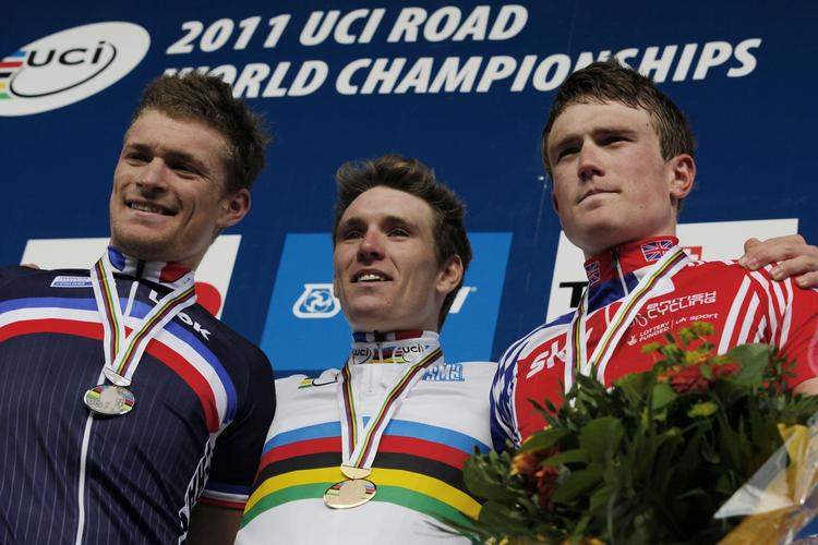 DEBUTANT. I september blev Andrew Fenn (th.) bronzevinder i U23-rytternes VM i Danmark, da Arnaud Demare blev verdensmester, men englænderen er kommet stærkt fra start som profesionel. 