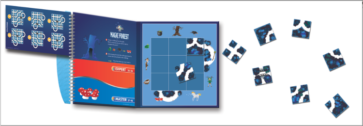 I Magic Forest skal ni brikker med skovstier pusles på plads, så spilleren skaber de rigtige forbindelser. Brikkerne er magnetiske, og rejsespillet er i et smart hæfte, der gør det ultramobilt. 