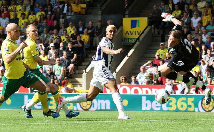 Mål. Peter Odemwingie scorede 15 gange i sin første sæson for WBA og er oppe på 7 mål i denne sæson. 
