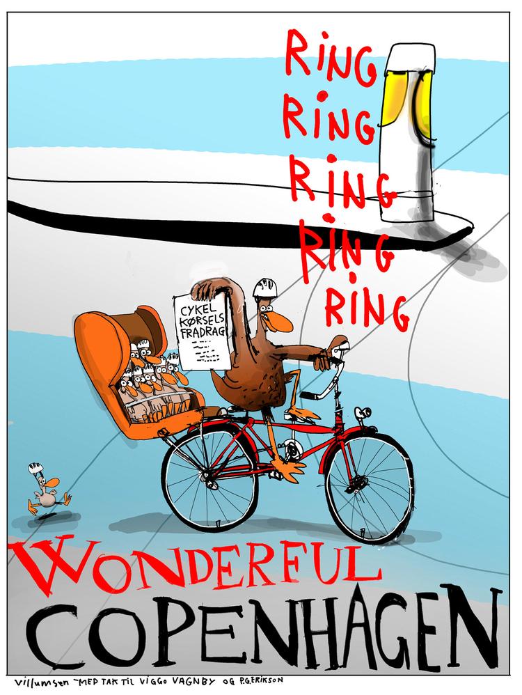 Forslag. Hvorfor ikke give fradrag på cykelreparationer eller fradrag for at cykle på arbejde eller honorere familier uden bil? Tegning: Jørn Villumsen 