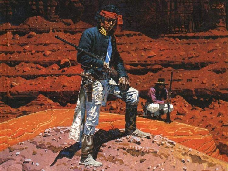 kult. Jean Giraud, populært kaldet Moebius, blev især berømt for sine ekspressive tegninger til western-serien 'Blueberry'. 