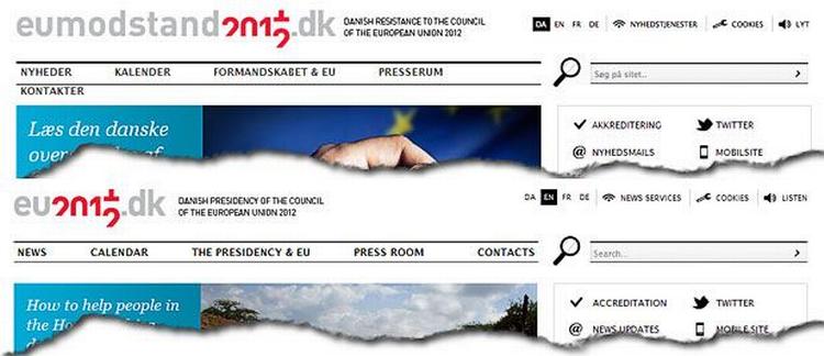 Kopi. Øverst ses den falske hjemmeside, eumodstand2012.dk, og nederst er det EU-formandskabets officielle hjemmeside, eu2012.dk 