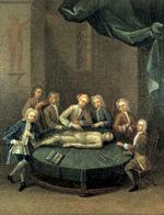 medicin. Den berømte kirurg William Cheselden er, til venstre, i færd med en dissektion foran seks tilskuere. Billedet er fra omkring 1730-40. Saven og den krumme kniv ovenfor er til amputationer. Portrættet af den berømte danske kirurg Simon Crüger fandt Klaus Larsen på i Rigshospitalets repræsentationslokaler.