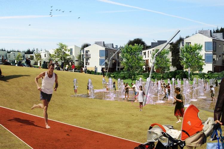 Nybyggeri. Henning Larsen Architects, EFFEKT, Moe &amp; Brødsgaard og Marianne Levinsen Landskab skal sammen stå for planlægning af en ny by. Her ses en skitse til et grønt område.Foto. Henning Larsen Architects 