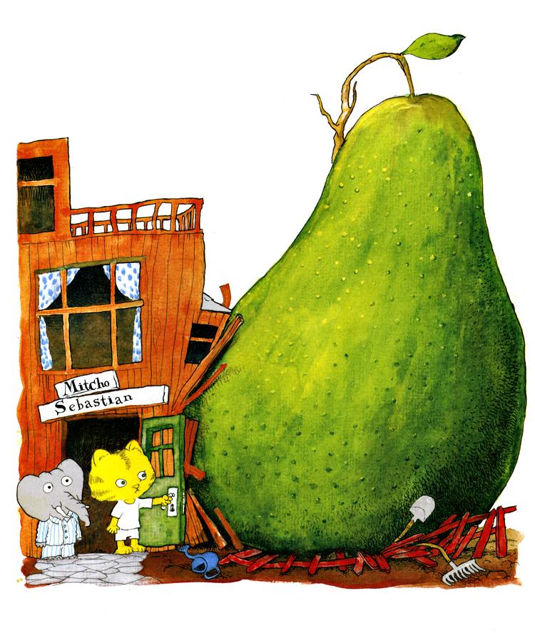 Småpolitik. I 'Den utrolige historie om den kæmpestore pære' blandes hverdagens skærmydsler med drabelige begivenheder. Tegning: Jakob Martin Strid 