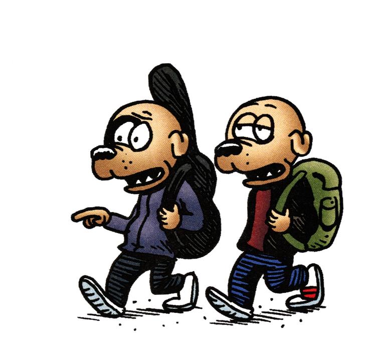 Hundeliv. Rocky går stadig i smarte t-shirts og hærgrer storbyen med skråsikre holdninger, pizzabakker og tommedåseøl. Tegning: Martin Kellerman 