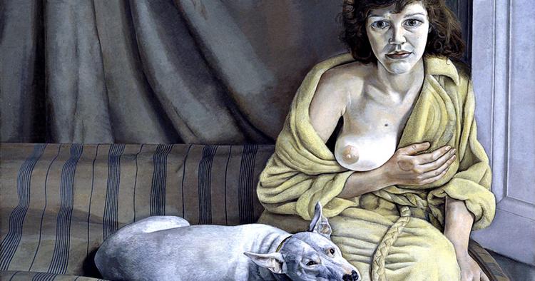 Afskedsportræt. Kort efter at have malet »Pige med hvid hund« blev Lucian skilt fra modellen, hans første hustru, Kitty Garman. 