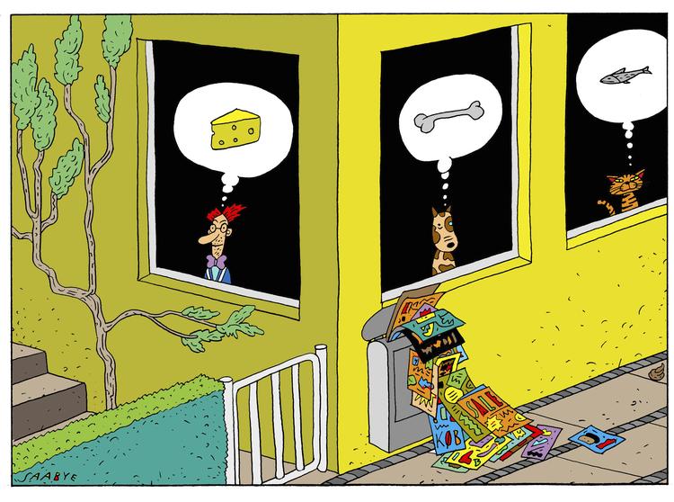 Reklamer. Det må være indlysende for de fleste, at det moderne menneske selv kan finde ud af, hvad der skal fyldes i mave og hjem. Tegning: Jørgen Saabye 