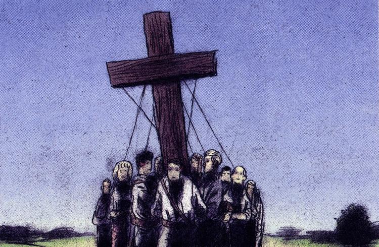 Gåsehud. Danmark går i sort i Kim Fupz Aakesons 'De gale'. Tegning fra bogen. 