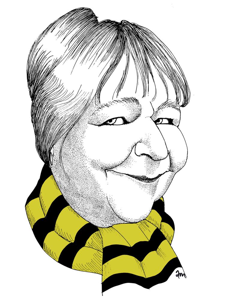farverig. I 70erne var Rebecca Brüel og hendes nu afdøde tvilling, Sanne, blandt de hyppigst anvendte korsangerinder med deres "tostemmige skrigeri". Tegning: Anne-Marie Steen Petersen 