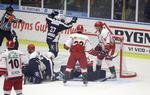 Jubel. Anders Poulsen jubler over scoring til 1-3 under kampen mellem Odense Bulldogs og Blue Fox Herning. 