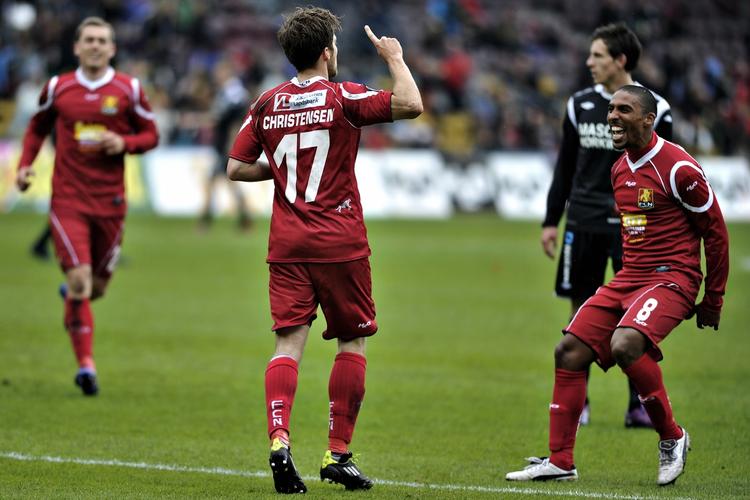 MÅLSCORERE. FC Nordsjællands mål mod Silkeborg blev scoret af Søren Christensen (tv.) og Patrick Mtiliga (th.) 