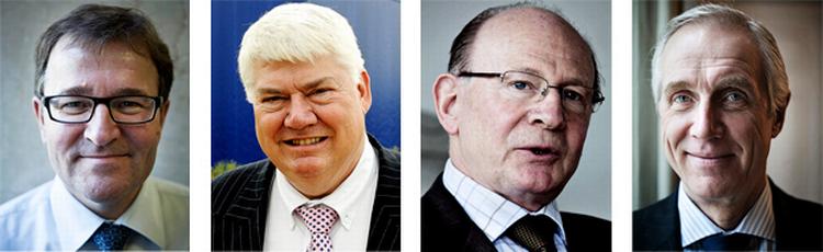 Danske erhvervsledere hylder Mærsk Mc-Kinney Møller. Fra venstre er det Eivind Kolding, Danske Bank, Jørgen Mads Clausen, Danfos, Niels Due Jensen, Grundfos og Peter Straarup, tidligere Danske Bank. 